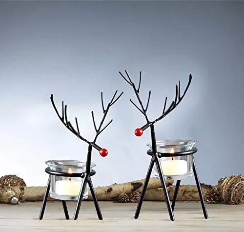 TIED RIBBONS Set of 2 Christmas Reindeer Tealight Candle Holders with Glass Holders - Christmas Decorations Items for Home Church Table Decoration Indoor Outdoor Xmas Decor Gifts (Iron)