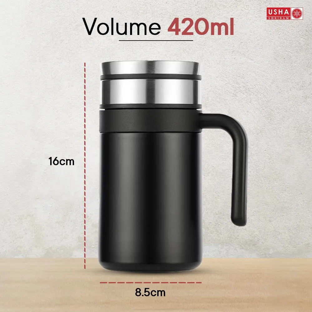 USHA SHRIRAM Insulated Stainless Steel Coffee Mug with Lid and Handle (420ml) | Leak - Proof | Insulated Mug for Coffee & Tea | Hot and Cold Tumbler | Coffee Mug with Lid for Home & Office (Black)