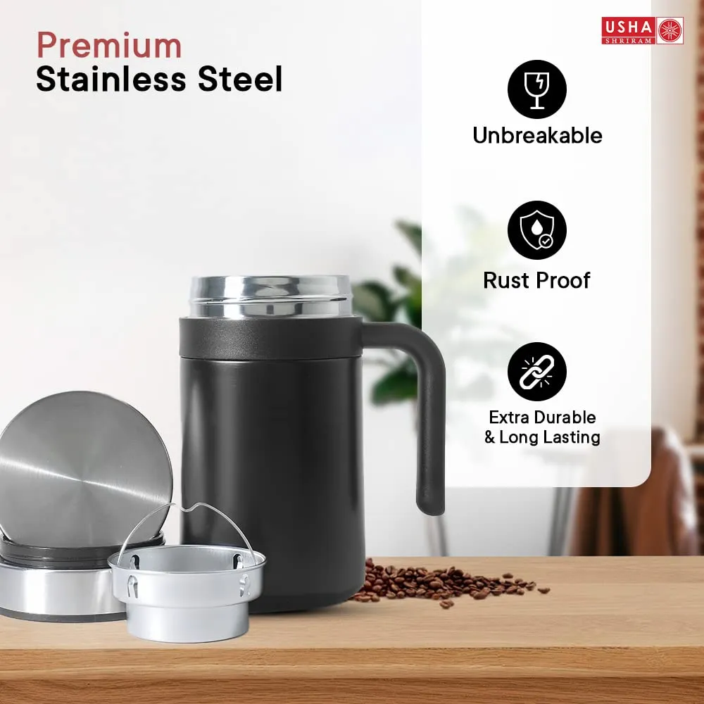 USHA SHRIRAM Insulated Stainless Steel Coffee Mug with Lid and Handle (420ml) | Leak - Proof | Insulated Mug for Coffee & Tea | Hot and Cold Tumbler | Coffee Mug with Lid for Home & Office (Black)