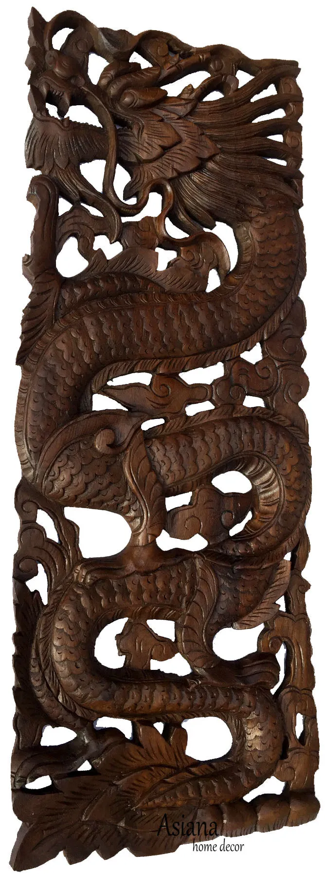 Wood Carved Dragon Wall Art Panels. Asian Chinese Home Decor. Decorative Wood Carving Sculpture. Dark Brown Finish 35.5”x13.5”x1". Set of 2 pcs