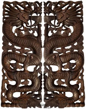 Wood Carved Dragon Wall Art Panels. Asian Chinese Home Decor. Decorative Wood Carving Sculpture. Dark Brown Finish 35.5”x13.5”x1". Set of 2 pcs