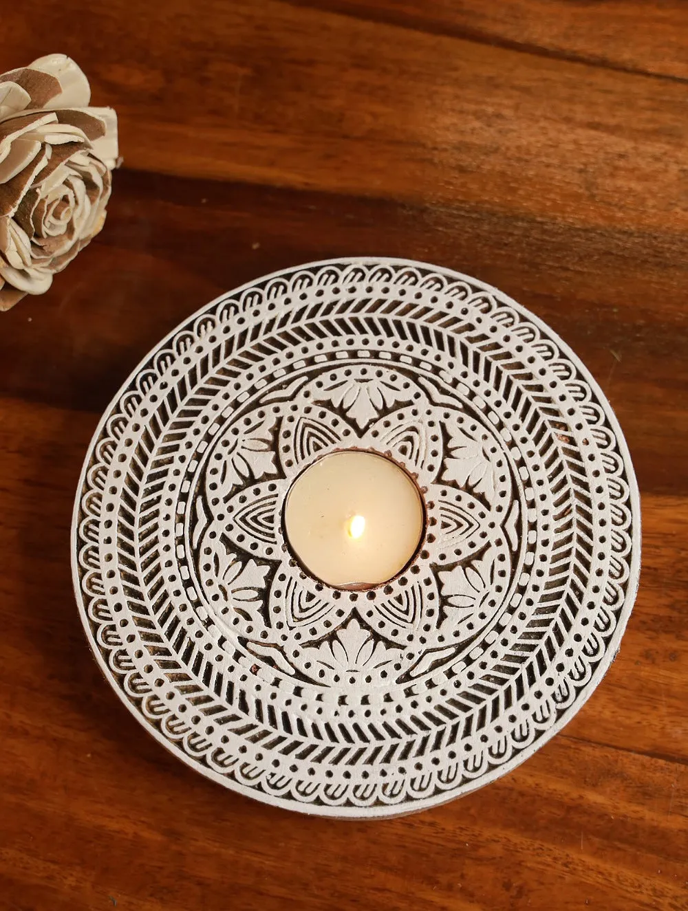 Wooden Engraved Tealight Holder (Large) - Circle