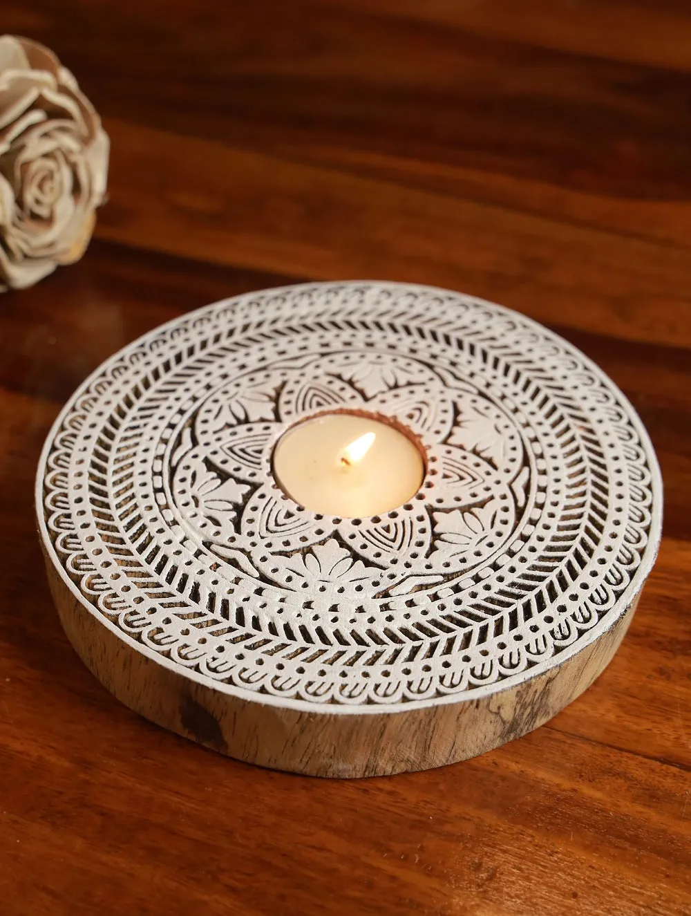 Wooden Engraved Tealight Holder (Large) - Circle