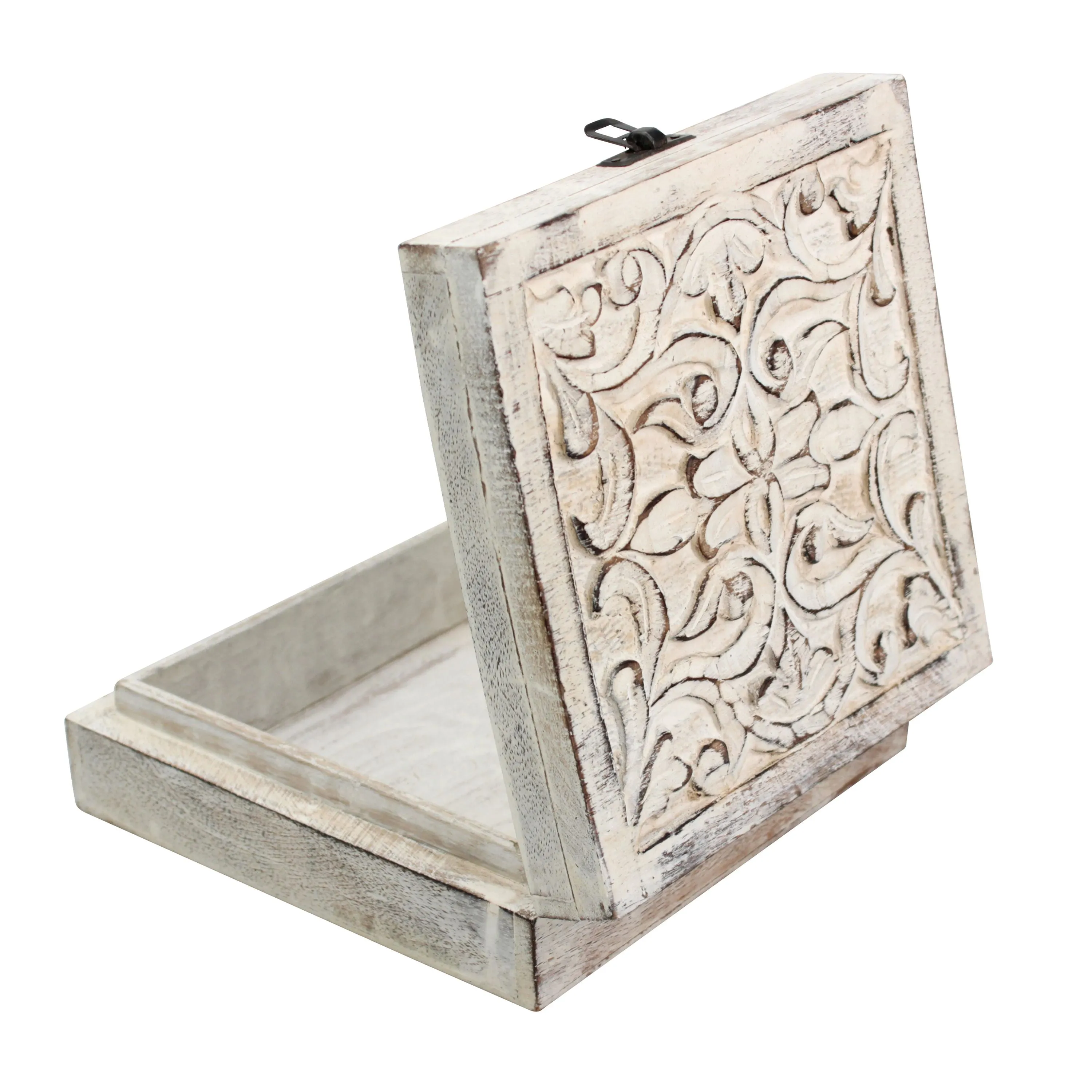 Worn White Wood Box with Hinged Lid and Carved Fillegry Details (WS)