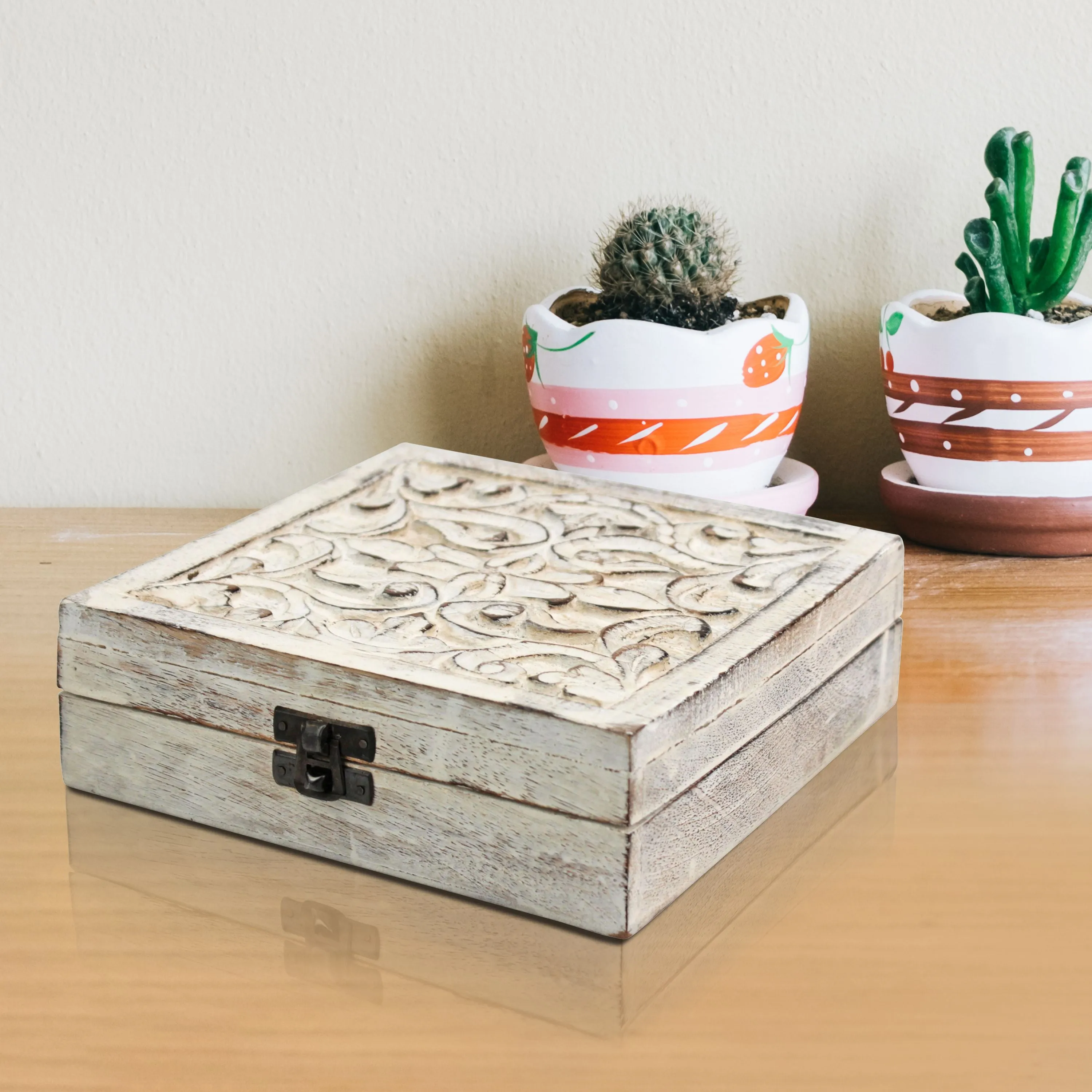 Worn White Wood Box with Hinged Lid and Carved Fillegry Details (WS)