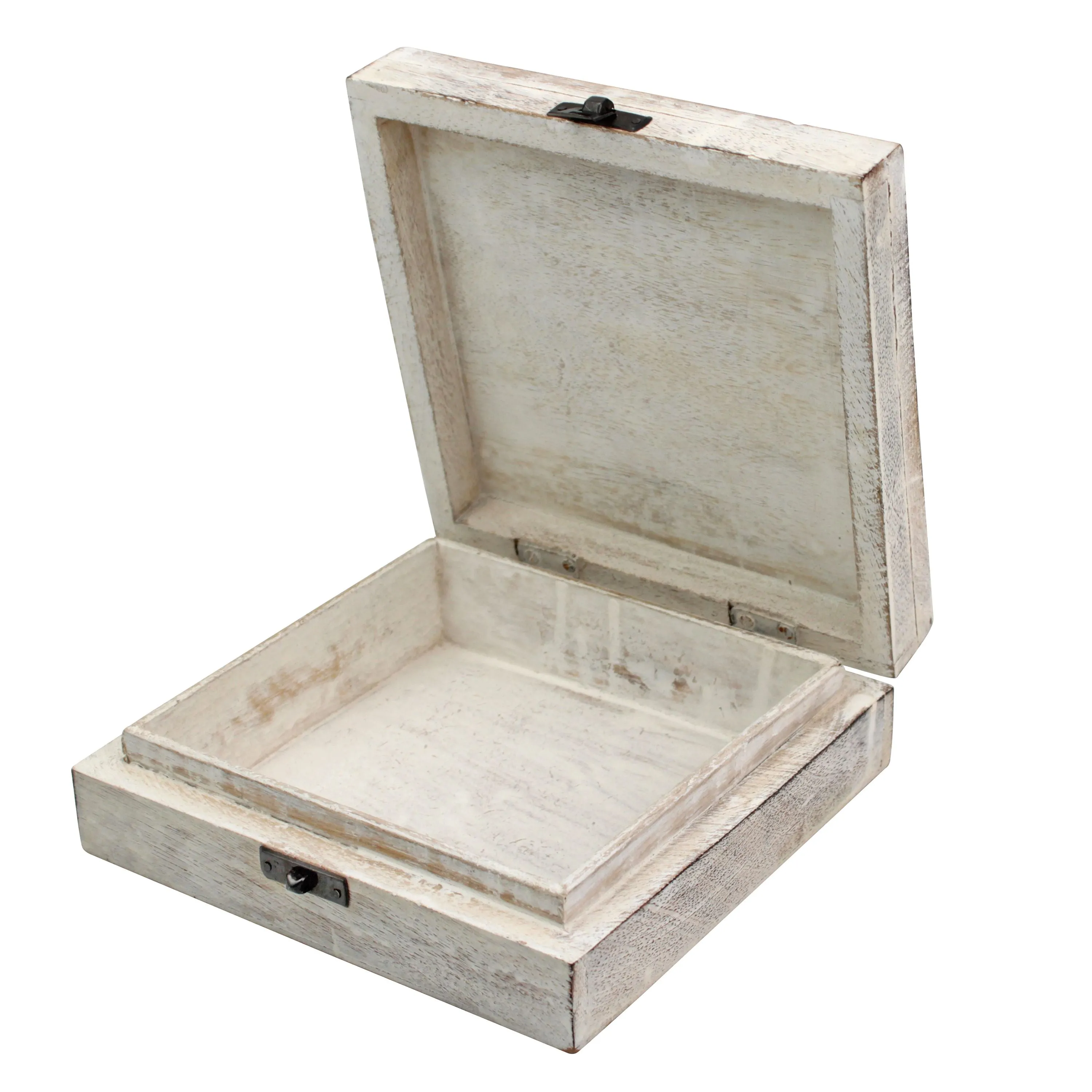 Worn White Wood Box with Hinged Lid and Carved Fillegry Details (WS)