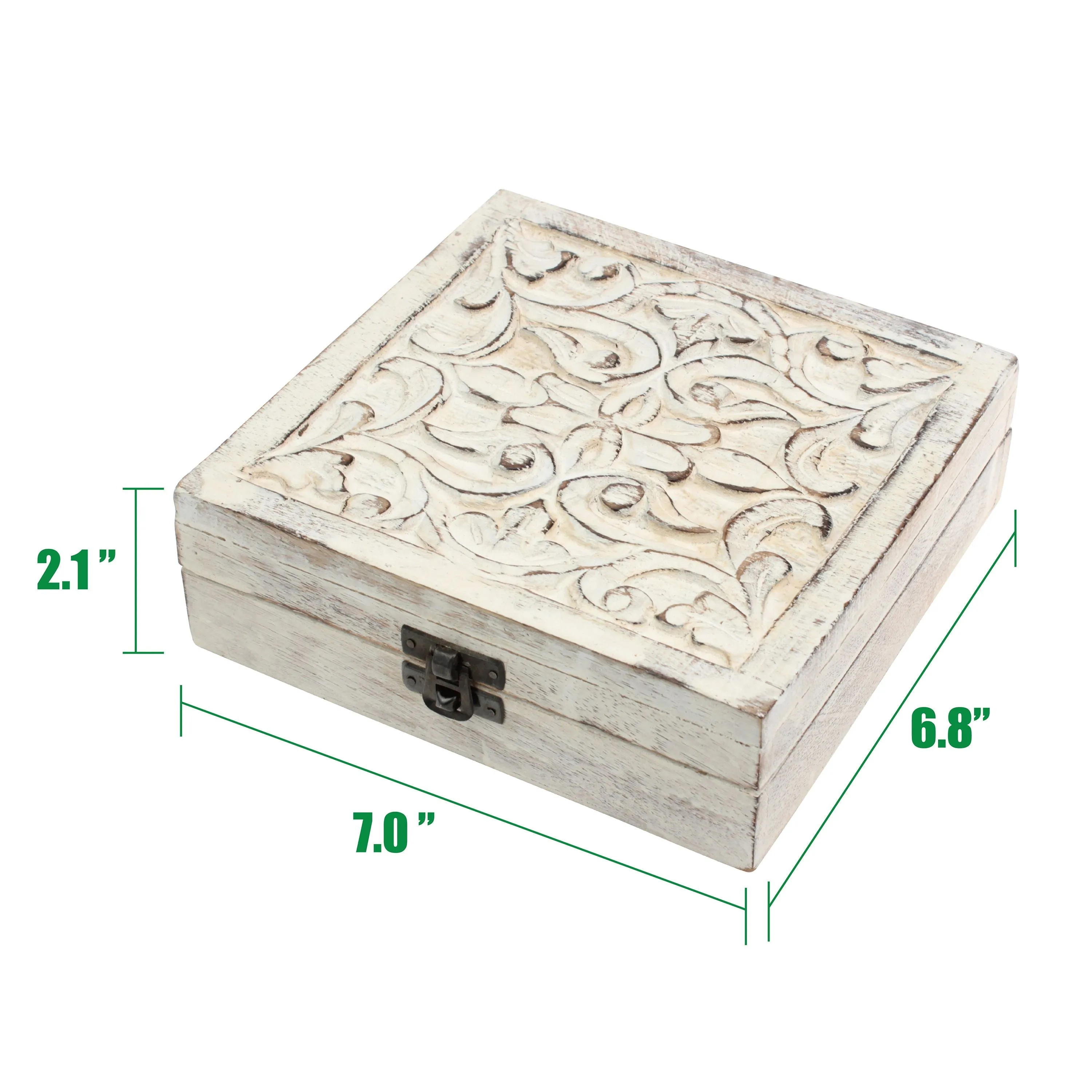 Worn White Wood Box with Hinged Lid and Carved Fillegry Details (WS)