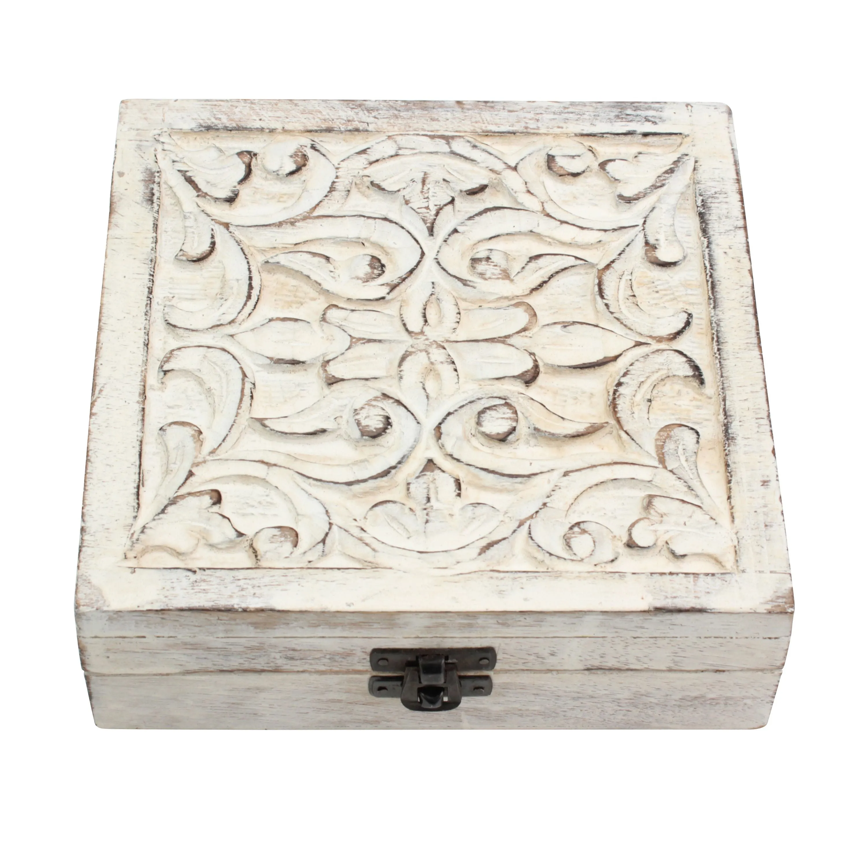 Worn White Wood Box with Hinged Lid and Carved Fillegry Details (WS)