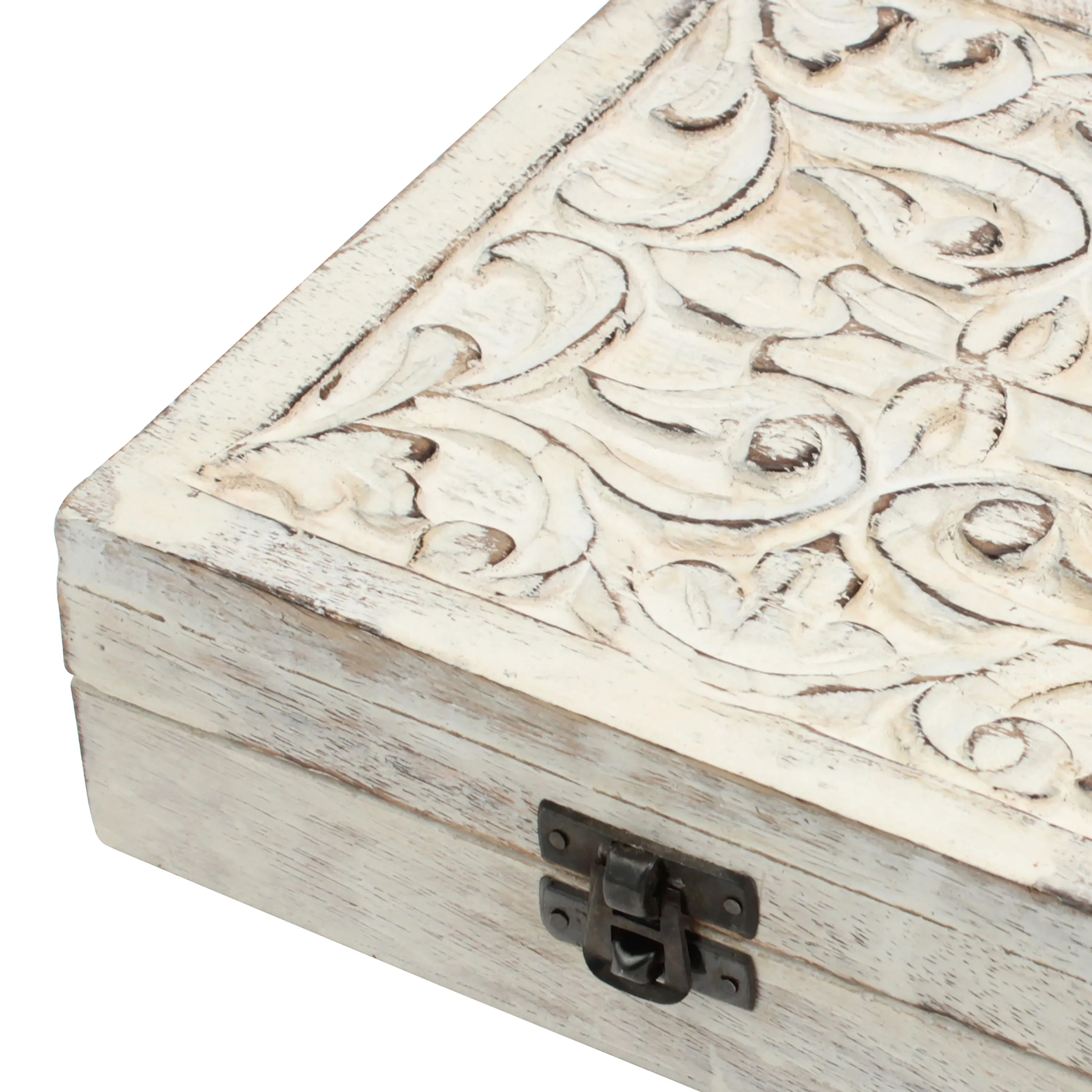 Worn White Wood Box with Hinged Lid and Carved Fillegry Details (WS)